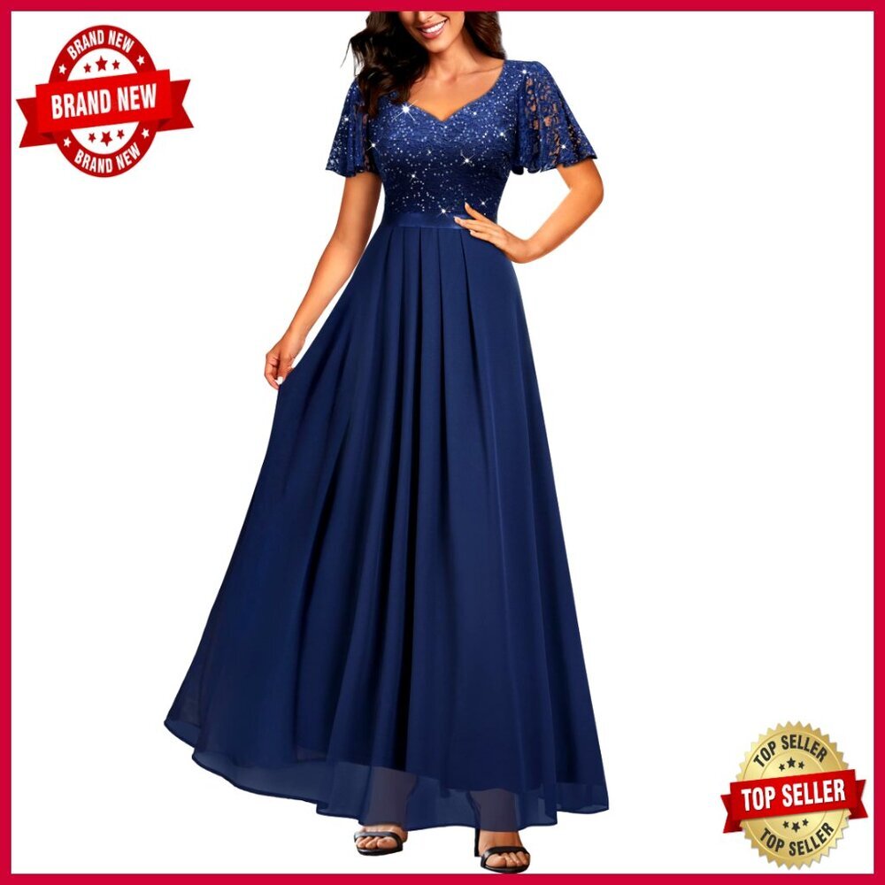Retro V-Neck Ruffle Sleeve Sequined Lace Maxi Dress Elegant Formal Party Wear